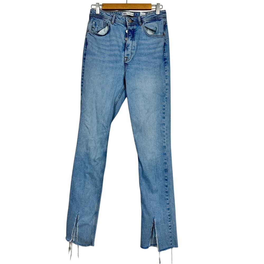 Zara Blue High Rise Straight Leg Jeans Womens 6 Slit at Ankle Button Fly Light